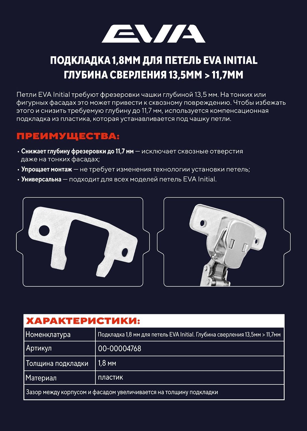Защитите фасады с компенсационной подкладкой для петель EVA Initial